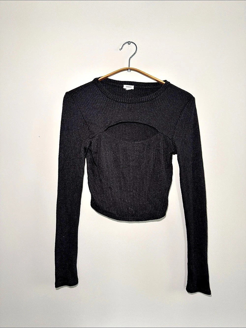 Garage Ribbed Cutout Long Sleeve Top Black